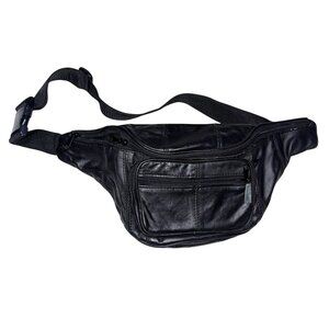 Black Leather Waist Fanny Pack With Adjustable Strap & Multiple Zipper Pockets